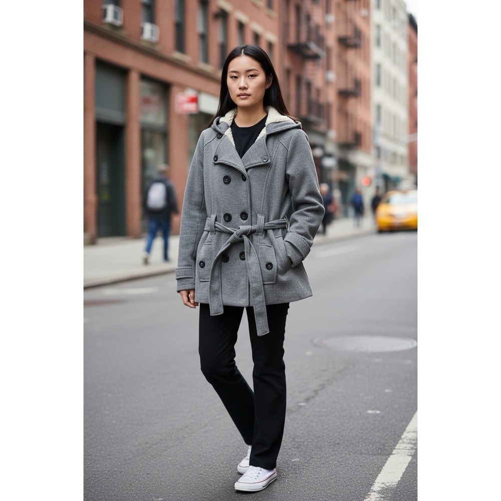 Y2K Rue 21 Gray Coat JACKET Double Breasted Lined And Hood Size Medium M Women's
